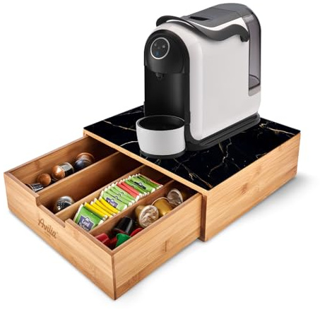 Avilia - Porta Cialde Caffè e Porta Capsule in Bambù con Ripiano in Vetro Marmorizzato Nero, Organizer per Angolo Caffè e Tè 30x30x10cm, Elegante e Compatto per Casa e Ufficio