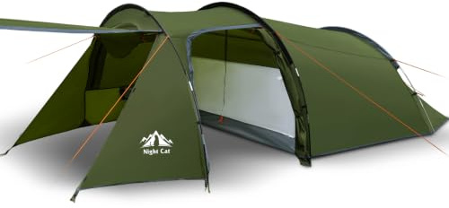 Night Cat Wasserdicht Familienzelt 3-4 Personen: PU3000mm Zelt für Camping | Tunnelzelt mit Vorraum Schlafbereich - Windschutz - Einfacher Aufbau in 5 Min - für Festival Motorradreisen Autoreisen Park