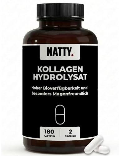 NATTY Kollagenhydrolysat 180 Kapseln 3000-5000 DA Hochdosiert mit Hyaluronsäure Vitamin C Zink Selen Kollagen Kapseln für Sport Training Gelenke Haut Haare Performance Collagen Peptides Regeneration