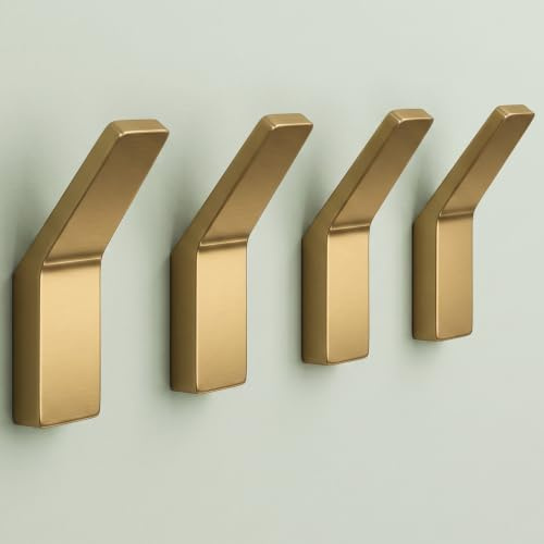 Mai & Mai Coat Hooks Wall Mounted 4 Pack Zinc Alloy Brushed Gold | Modern Door Hooks for Bedroom, Bathroom, Closet & Living Room, Secure 40° Grip Design, for Hanging Drill Adhesive, Stalo-13