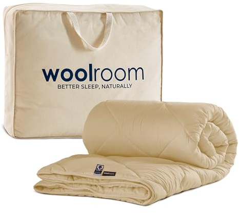 WOOLROOM Deluxe Washable British Wool Duvet Double 11-14 Tog, Warm weight - Natural Certified Anti Allergy Moisture Wicking - Organic Cotton Cover (200tc) - 30 Night Sleep Trial, W200 x L200
