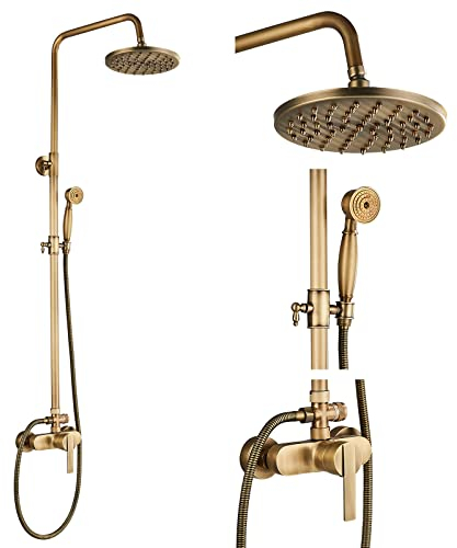Rozin Antik Messing Duschsystem mit 8 Zoll Regendusche Duschkopf und Handbrause Einzelgriff Fertig an der Wand Montiert Retro Duschset