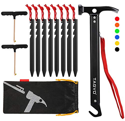 TAGVO Martillo de Camping con 8 estacas de estacas de Aluminio y 2 Piezas de Tienda multifuctional Stakes Puller Set, mazos de Camping Multifuncional de Aluminio portátil para Acampar