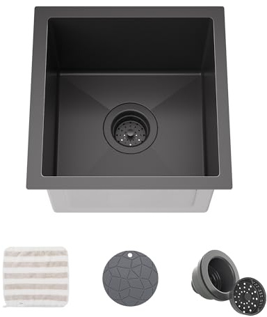 TORVA 14 x 14 Inch Gloss Black Undermount Kitchen Sink, PVD Coated Gunmetal Bar Sink，16 Gauge T-304 Stainless Steel Single Bowl Wet Bar or Prep Sinks with Zero-Radius Corners, Dark Grey