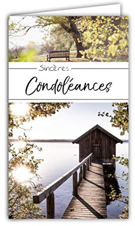 24-1044 Carte Sincères Condoléances Format 16x9,5cm avec Enveloppe Blanche Décès et Deuil - Paysage Banc Arbres Lac Cabane Ponton Bois Eau - Fabriquée en France