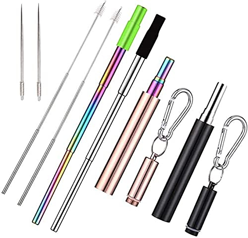 Pajitas Acero Inoxidable Pájaros de bebidas reutilizables telescópicas, 2 Paquete de acero inoxidable Metal Plegable Llavero Paja Portátil Pajitas De Acero Inoxidable