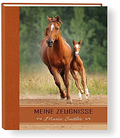 Zeugnismappe personalisiert Little Horse A4 ca. 31x24 cm, orange, Zeugnisbuch Pferde, Urkundenmappe Einschulung, Schulanfang