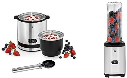 WMF Küchenminis 3in1 Eismaschine, Ice Maker für Frozen Joghurt, Sorbet und Eiscreme, Gefrierbehälter 300 ml & Kult X Mix & Go Mini Smoothie Maker, Standmixer, Blender elektrisch, Shake Mixer 300 Watt