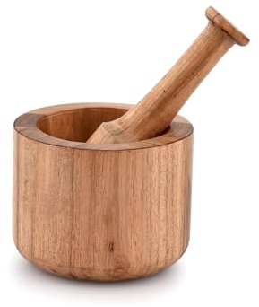 Samhita Acacia Wood Mortar and Pestle for Garlic Pepper Herb Crusher Kitchen Utensils, Housewarming Gift Mortar size(Cm): 10.16cm x 7.62cm Pestel Size (CM): 13.97cm