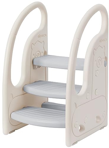 Toddler 3 Step Stool Onasti Kids Standing Tower for Toddlers Plastic Learning Helper Stool for Kitchen Counter Bathroom Sink Toilet Potty Training with Handles and Non-Slip Pads-Grey White