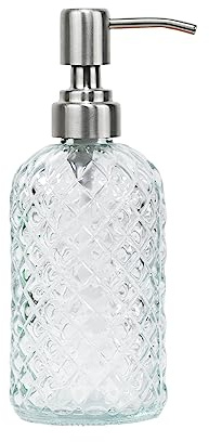SDlumeiy 16oz Diamond Pattern Glass Soap Dispenser with Rust Resistant Pump | Kitchen and Bathroom Refillable Soap Dispenser,for Hand Soap, Dish Soap and Lotion Glass Liquid Dispenser(Clear)