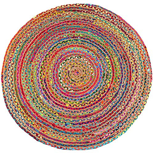 Mam Treasures indischer handgefertigter geflochtener Jute-Chindi-Teppich, rund, Heimdekoration, böhmischer indischer Teppich, Bodendekoration, Flickenteppich, bunter Baumwollteppich, indischer Teppich