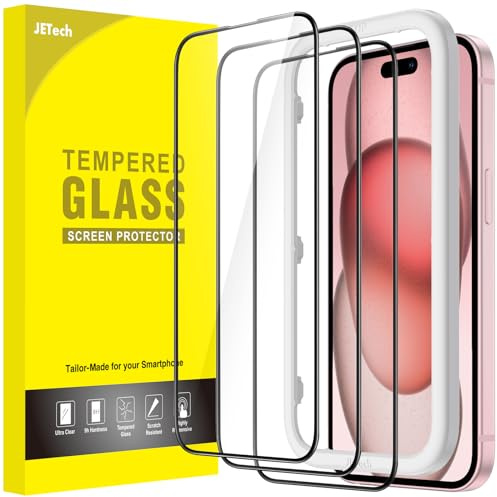 JETech Pellicola Protettiva Completa per iPhone 15, 3 Pezzi | Vetro Temperato Bordo Nero, Strumento Installazione Facile, HD Trasparente, Compatibile con Custodie
