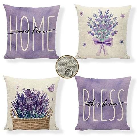 Kissenbezüge 45x45 cm 4er Set Lavendel Outdoor Kissen Lila Sofakissen Dekokissen Kopfkissen Wasserfest Linen Zierkissen Quadratische Kissenhülle für Gartenmöbel Sofa Bett Auto Terrasse Schlafzimmer