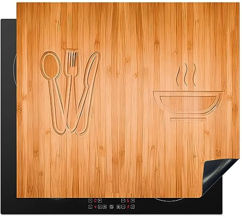 KitchenYeah© Herdabdeckplatte Einteilig Induktionsmatte Küche Abdeckung | 60x52 cm - Ceranfeld Herd Abdeckplatte Deko Vinyl Matte Aufrollbar Holz Druck - Besteck - Suppe