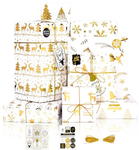 Larcenciel Geschenkpapier Weihnachten Set, 6 Bögen Metallic Glitzer Weihnachtsgeschenkpapier Gold, Eleganter Weihnachtsbaum Schneeflocke Elch Weihnachtspapier für Neujahr, Ferien, Geburtstage, 70x50cm
