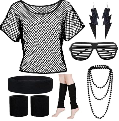 YADODO 90er 80er Jahre Outfit Damen Netzoberteil mit Neon Accessoire Off Shoulder Netzshirt 80erJahre Kleidung Damen 80iger Schlagerparty Bad Taste Outfit Frauen Neon Party Schwarz