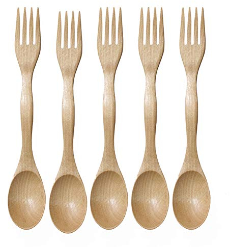 CukYi Camping spork Spoons for Home 5Pcs 2 in 1 Wooden Cutlery Spoon Fork Kitchen Dessert Soup Oatmeal Tableware Kitchen Cooking Utensils Wood Color