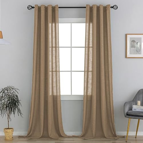 VOILYBIRD Natürliche Leinenstruktur Vorhänge mit Ösen Leinen Gardinen für Schlafzimmer 2er Set (HxB 220x140 cm, Latte Braun)