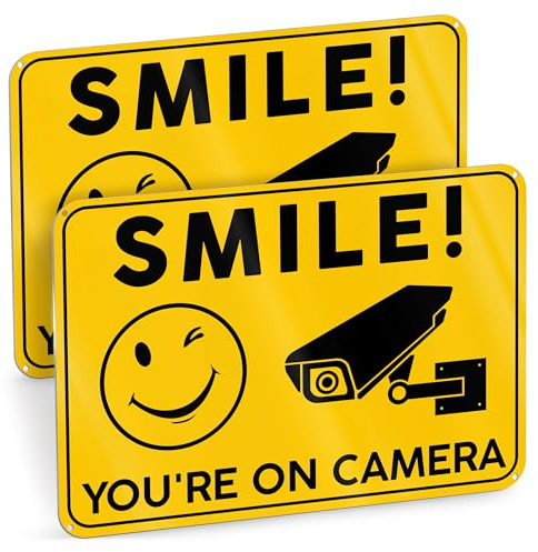 2 st Smile Your On kamera-skyltar - 10 x 7 aluminium videoövervakningsskyltar utomhus
