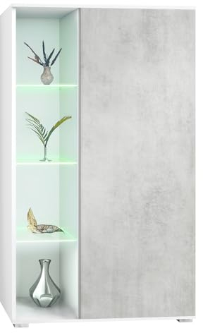 Vladon Vitrine Davos, Made in Germany, Standvitrine mit 3 Glasböden und 8 Fächer inkl. LED, Weiß matt/Beton Oxid Optik (71,5 x 134 x 35 cm)