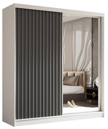 Margaret Hadas24 Kleiderschrank Erika mit Lamellen und Spiegel, Organizer, Mehrzweckschrank, Schwebetürenschrank, Garderobenschrank, Kleiderstange, Kleiderständer, Flurschrank, 200 cm, weiß, grau,