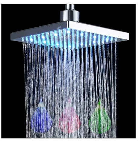 SWHC Messing Kopfbrause Regendusche, Led Duschkopf Regendusche Mit Selbstreinigenden DüSen, Farbewelchseln Nach Temperatur, Installierbar An Der Wand Oder Decke, Chrom, 8 Zoll, 20 cm