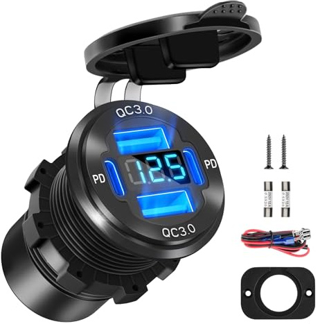Daakro 12V USB C Steckdose 78W 4 Ports Aluminium Ladegerät Leistung Dual PD | 30W Und Dual QC 18W 12V Einbau USB Mit LED Voltmeter Zigarettenanzünder Stecker FüR Wohnmobil Boot LKW Motorrad Auto