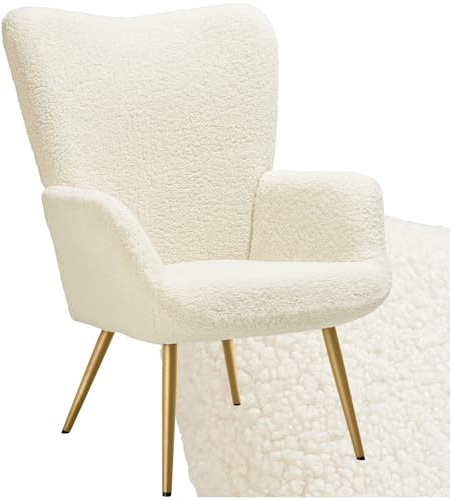 tectake® Loungefåtölj i fluffigt bouclétyg, skandinavisk design med ergonomiska arm- och ryggstöd för hög komfort, lätt att montera, med stålben och skyddskåpor - Creme/Guld