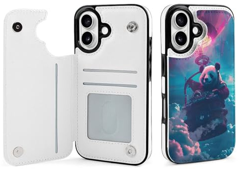 Novastar Étui portefeuille en cuir compatible avec iPhone 16 – DJ Panda montgolfière à air chaud compatible avec iPhone 16, étui compatible avec iPhone 16 avec porte-cartes pour homme et femme