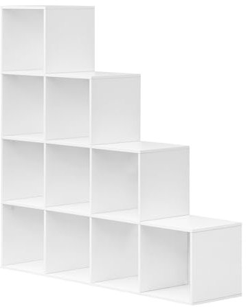 WOLTU Bücherregal mit 10 Fächern, Regal offen, Würfelregal Stufenregal für Deko, Fotos, Pflanzen, Wohnzimmer Schlafzimmer Büro, Weiß, 120x120x30 cm