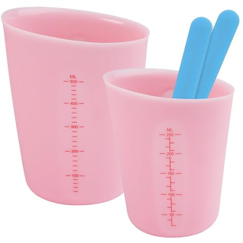 2 Misurini in Silicone, 250/500 ML Tazze in Silicone per Resina Epossidica con Scala Trasparente Misurino Graduato Silicone con Asta di Agitazione in Silicone per Artigianato, Laboratorio, Cucina