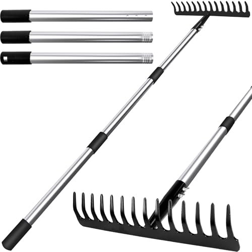 Rake for Gardening with Telescopic Handle 1.53 M , Garden Rakes for Soil and Leaves, Garden Rake Heavy Duty Carbon Steel 14 Teeth for Raking, Weed Removal and Working the Soil