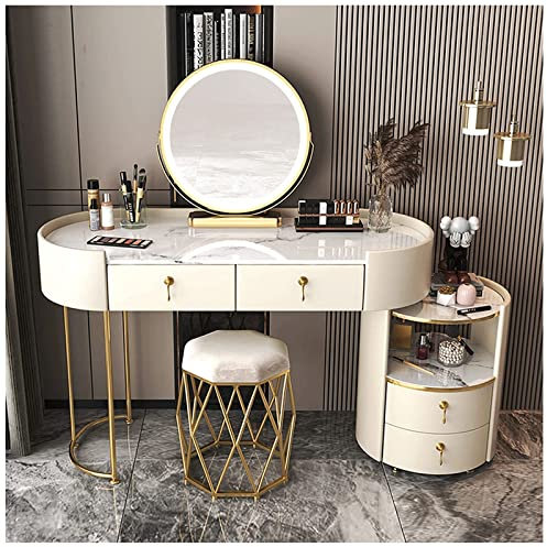 HJDQMDHA Nordisch Moderner großer Schminktisch, Schminkset mit gepolstertem Make-up-Hocker und Beistellschrank, Schminktisch mit Schubladen und LED-Spiegel Einfach