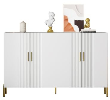 Moderner Sideboard Kommode mit 4 Türen und Verstellbare Einlegeböden, Aufbewahrungsschrank Buffetschrank Beistellschrank mit Goldenen Griffen und Beinen für Küche, Esszimmer und Wohnzimmer, Weiß