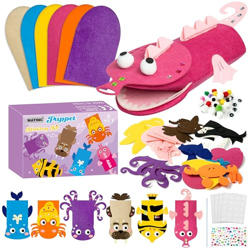 WATINC Felt Handpuppe DIY Art Craft Set 6 Stück Puppentheater Kreatives DIY-Set zum Selbermachen für Geschichtenerzählen Rollenspiel Partyzubehör Geschenk für Mädchen und Jungen (Meerestiere B)