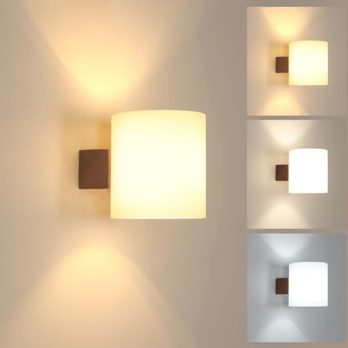 Comely Wandleuchte Innen Holz, E27 Wandlampe Innen mit Glas Lampenschirm | Wandstrahler Retro Wand Lampen für Schlafzimmer, Esszimmer, Wohnzimmer