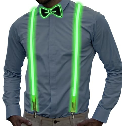 Foreverup 2 Stück Leuchtende Herren-LED-Hosenträger und Fliege, LED Hosenträger Herren, LED Rave Outfit perfekt für Musik, Festival, Halloween-Kostümparty (Grün)
