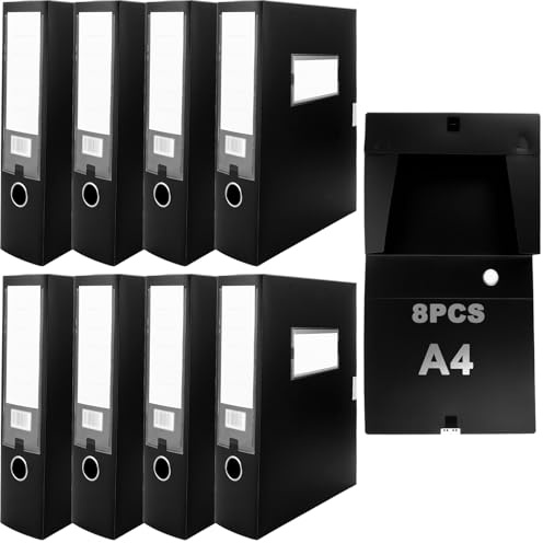 WOPPLXY Lot de 8 Boite Archive, 31 x 23,5 x 7,5 cm Boite Archive Plastique Noir, Boite de Classement A4 pour le Bureau, la Maison, l'École (Dos de 75 mm)