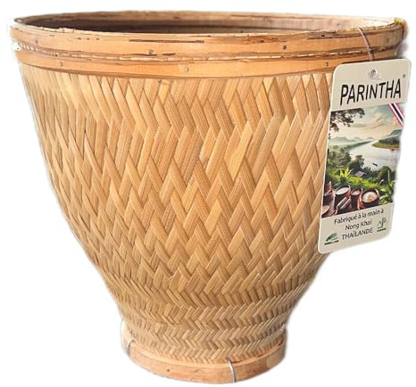 Moyen Panier de cuisson vapeur en bambou rond traditionnel avec renforts pour riz gluant thaïlandais – Riz collant thai (Bamboo Sticky Rice)