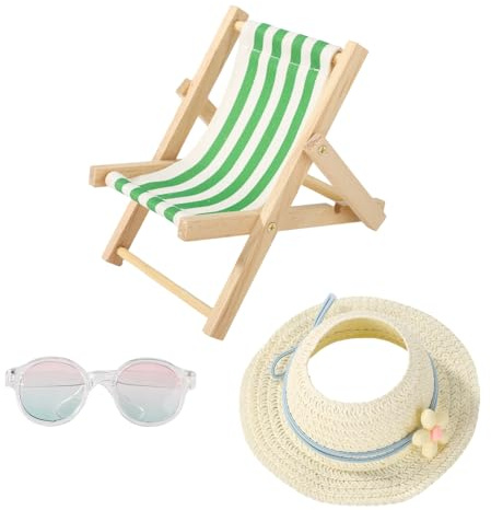 Sinbana 17cm Puppenzubehör Set, Holz Mini Klapp-Strandstuhl Kunststoff Miniatur Sonnenbrille Sonnenhut für Puppendekoration Puppenhaus