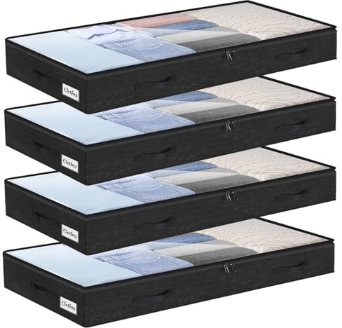 Förvaringslåda under sängen, paket med 4, förvaringslåda under sängen med genomskinligt lock, 10 cm hög, klädförvaring och organisation, tillverkad av hållbart material, ingen fast struktur, 4 handtag