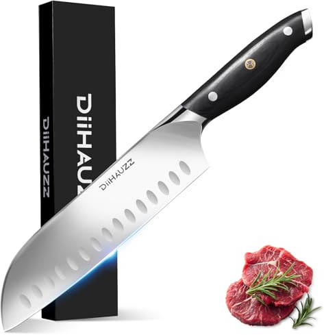 DiiHAUZZ Santokumesser, 18 cm scharfes Messer aus Edelstahl X50CrMoV15 | Hochwertiges Küchenmesser mit Ergonomischem Pakkaholzgriff, Kochmesser für Fleisch & Gemüse