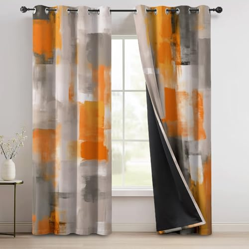 Verdunkelungsvorhänge mit Graue Orange Pinselstriche-Motiv, wärmeisolierend, Ösenvorhänge mit Moderne Kunst-Dekor für Schlafzimmerfenster, H229 x B117 cm (2er Pack)