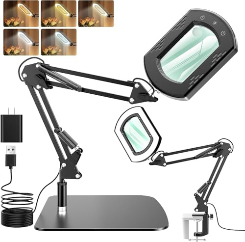 Lente d'ingrandimento 15X con luce e morsetto Lampada di ingrandimento a mani libere in vero vetro illuminato a LED Supporto 5 modalità di colore Stepless dimmerabile Lampada di ingrandimento