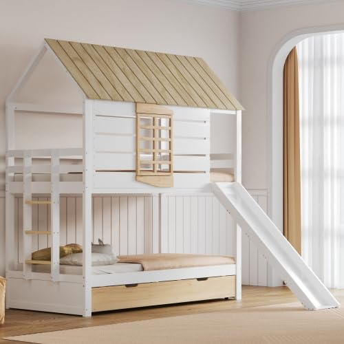 Merax 90x200 Letto a castello per casa con scivolo e letto estraibile, Bianco+Naturale – Letto per bambini in stile casa con spazio di archiviazione, ringhiere di sicurezza e divertimento