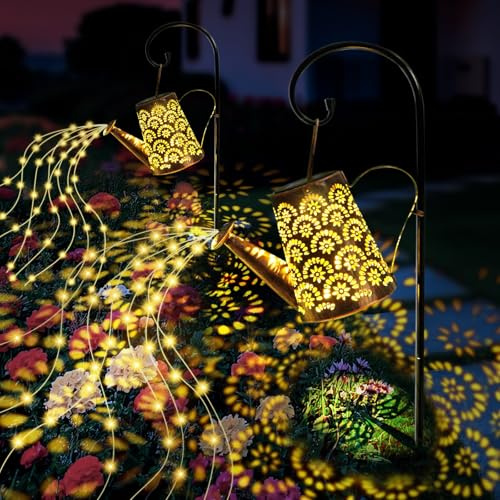 OUILA Guirnalda de luces solar para regadera, 2 unidades, farolillo solar para exterior con gancho de pastor, lámparas solares IP65 resistente al agua, cadena de luces LED para exteriores, decoración