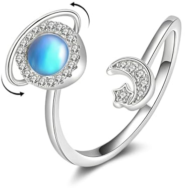 Estrellique Silber Anxiety Ring mit drehbarem Design für Angst Damen Frauen Mädchen, Verstellbare Offener Anti-Stress Ringe, Spinner Fidget Ring gegen Angst, Stimmungsring Modeschmuck Geschenk
