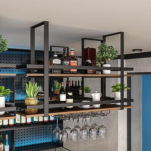 KHLMSRXJ portabottiglie da soffitto - Portabicchieri da Vino sospeso a 2 Livelli, mensole galleggianti da soffitto, portabottiglie sospeso, portabicchieri da Vino in Legno massello in Ferro