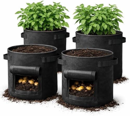 Potato Grow Bags - 10 Gallon 4 Pack with Harvest Flap & Handles, Heavy Duty Breathable Garden Plant Grow Bags for Potatoes, Tomatoes, Vegetables, Carrots, Outdoor Planters (4 Pack - 10 Gallon)